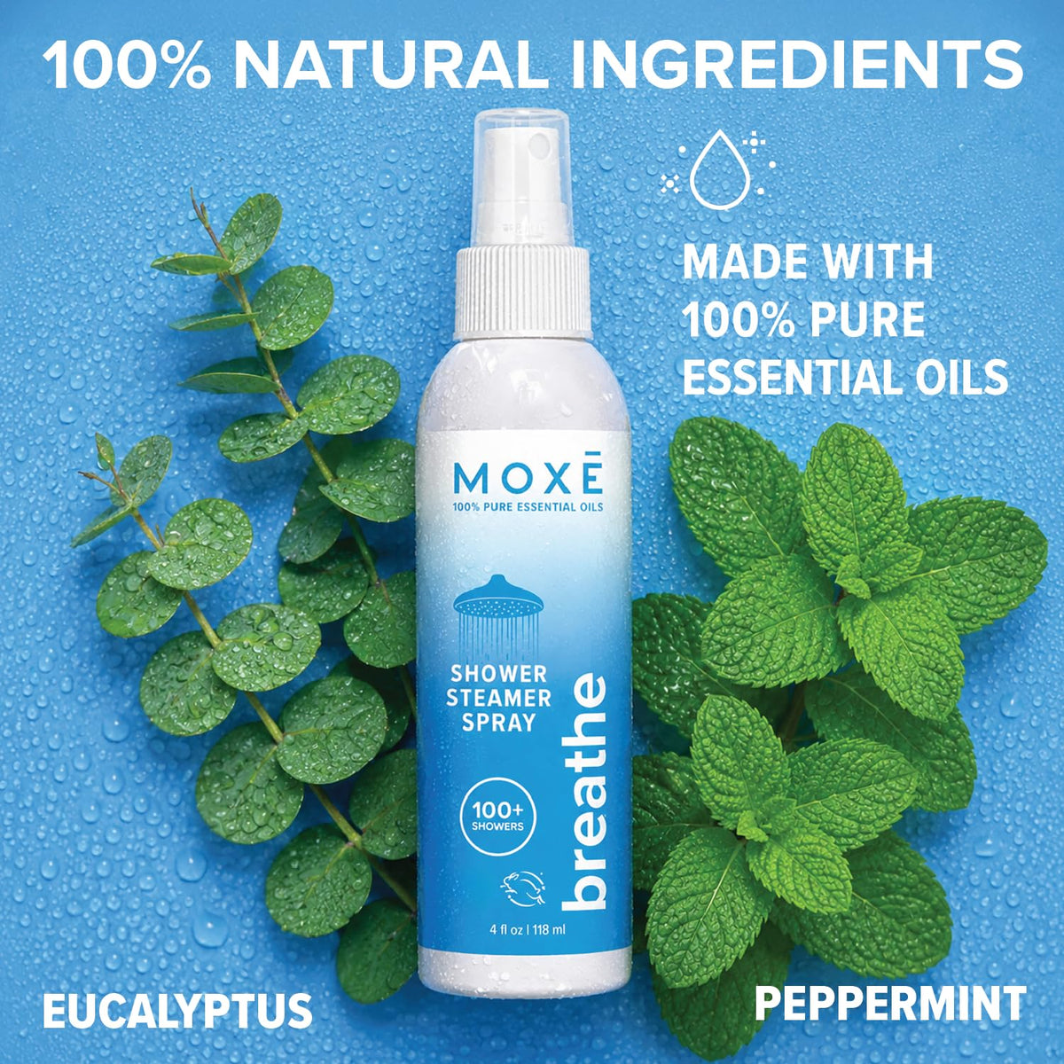MOXĒ Eucalyptus Oil Shower Mist, Spa Steam Spray, Certified Natural 100% Essential Oils, Made in USA, Aromatherapy, Sinus Congestion Relief, Tension Relief, 4 Ounces