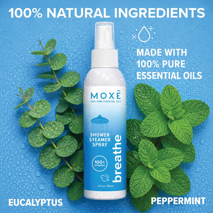 MOXĒ Eucalyptus Oil Shower Mist, Spa Steam Spray, Certified Natural 100% Essential Oils, Made in USA, Aromatherapy, Sinus Congestion Relief, Tension Relief, 4 Ounces