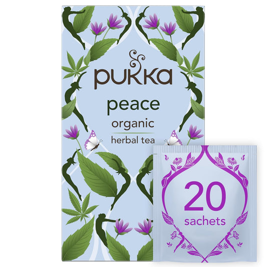 Pukka Organic Peace Herbal Tea with Spearmint, Ashwagandha, and Hemp Seed Oil, Caffeine Free, 20 Total Tea Bags