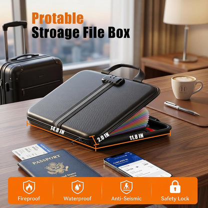 Fireproof Document Organizer with Lock, Semi-Rigid EVA Shell File Box with 13-Pocket Accordion Folder, Water-Resistant Storage for Important Documents, Passports & Certificates