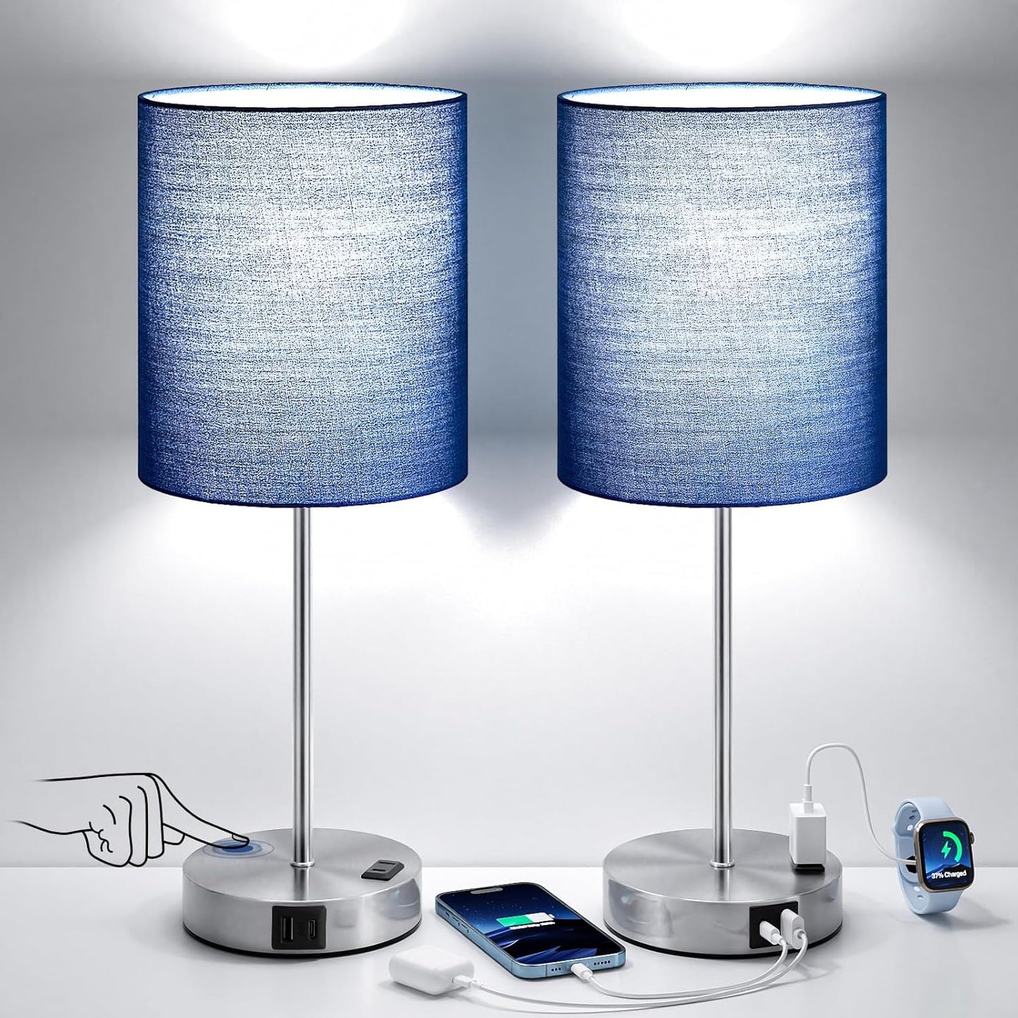 Blue Touch Lamps for Nightstand Set of 2 - Bedside Table Lamp for Bedroom with Dual USB Ports & AC Outlet, 3-Way Dimmable Lamps for Living Room Boys Room, Night Light with 5000K Daylight Bulbs