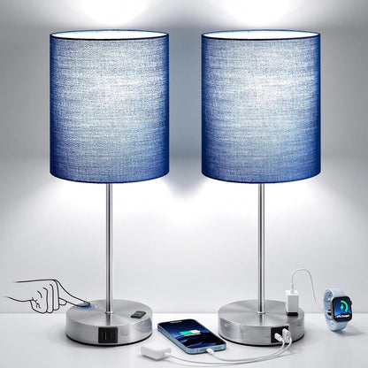 Blue Touch Lamps for Nightstand Set of 2 - Bedside Table Lamp for Bedroom with Dual USB Ports & AC Outlet, 3-Way Dimmable Lamps for Living Room Boys Room, Night Light with 5000K Daylight Bulbs