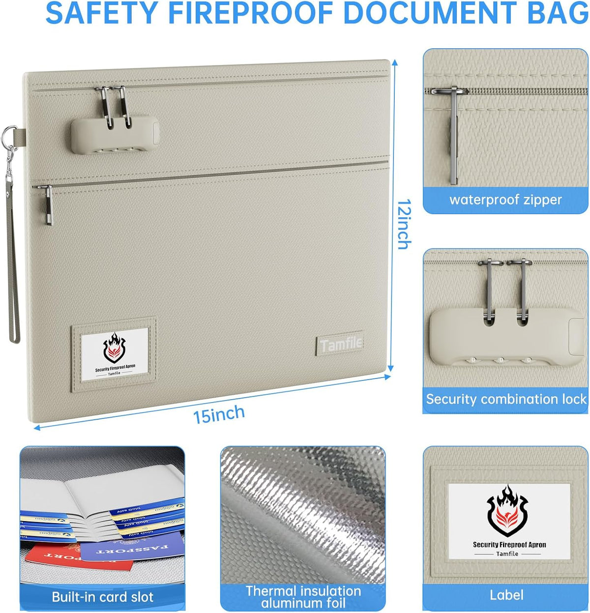 Tamfile Fireproof Document Bag with Lock,15x12 inch Heat Resistant Cash Bag