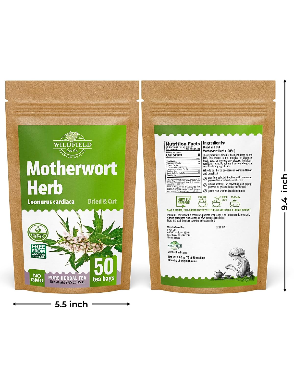 50 Bags Motherwort Tea Dried Motherwort Herb (Leonuri Herba) - 50 Tea Bags 1.5g Leonurus