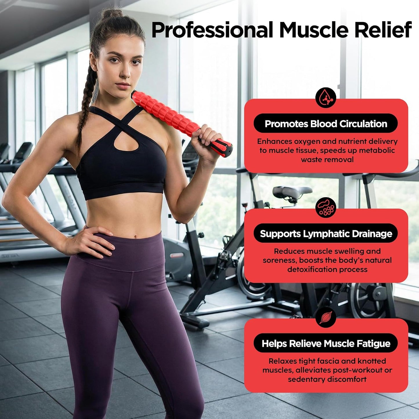 Muscle Roller Massage Roller Stick- Deep Tissue Fascia Blaster for Myofascial Pain Relief, Lymphatic Drainage & Body Sculpting, Handheld Physical Therapy & Recovery Tool (Pink black-18 inch)