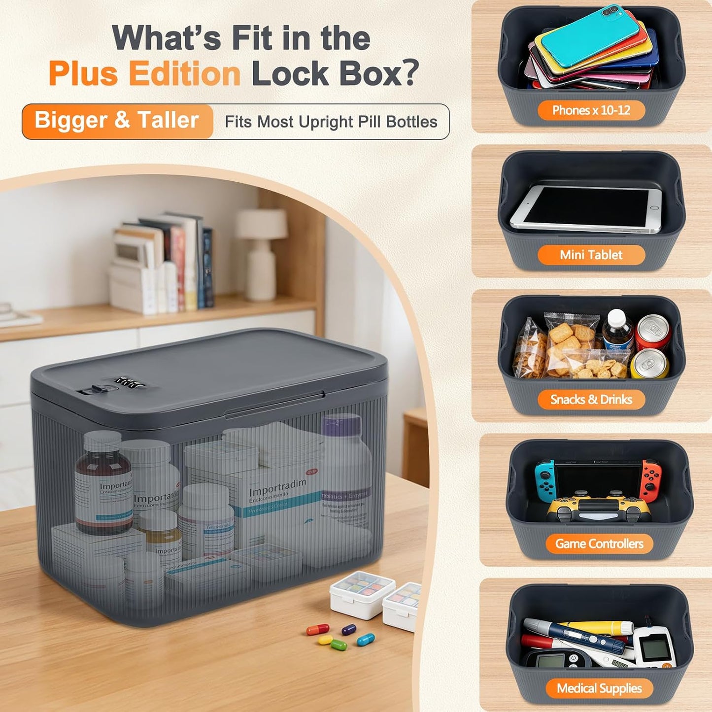 Lockable Storage Box, Small Lock Box with Combination Code for Phone/Medicine Safe/Food Home/Refrigerator/Office/Personal Items/Travel/Gift,9.25 x 5.04 x 3.62’’
