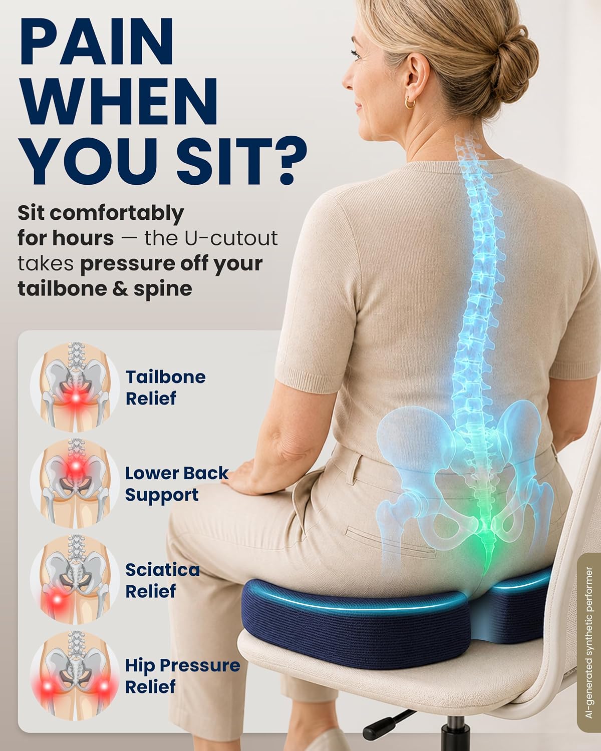 5 STARS UNITED Seat Cushion - Memory Foam Chair Cushion for Tailbone Pain Relief - Ergonomic Support for Coccyx, Sciatica & Butt - Office, Desk & Gaming Chair, Car Seat, Wheelchair, Black Suede
