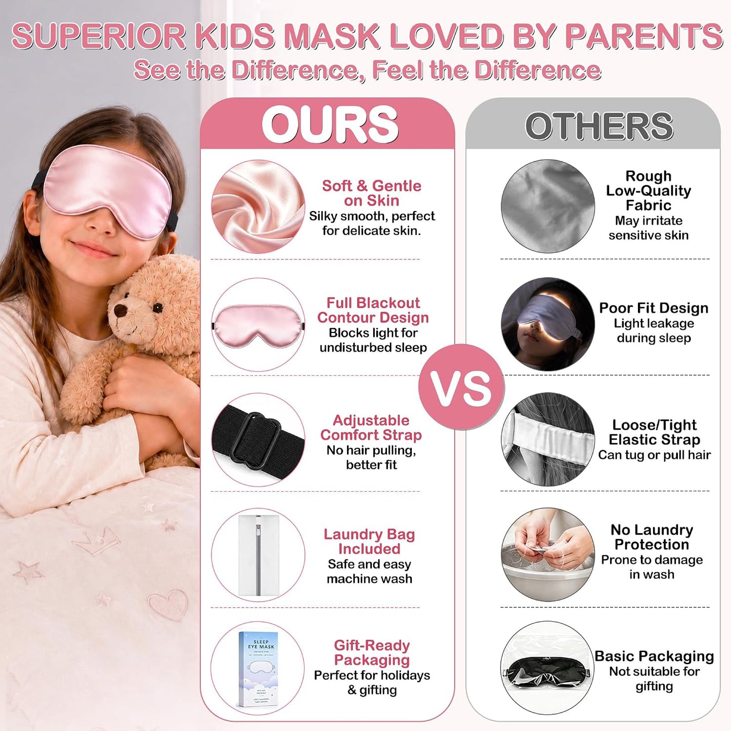 Kids Sleep Mask, Soft Eye Mask for Boys Girls with Adjustable Strap, Silk Light Blocking Sleeping Mask for Naps, Travel and Night Sleep, Includes Laundry Bag (Black)