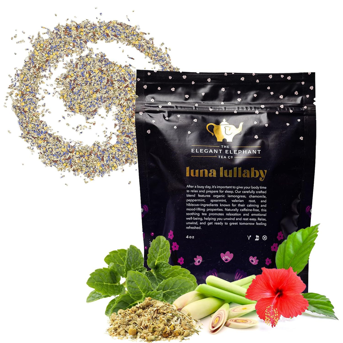 Luna Lullaby Organic Herbal Loose Leaf Tea – Chamomile, Valerian Root, Peppermint – 4 oz Resealable Bag (Makes 50 Cups) – The Elegant Elephant