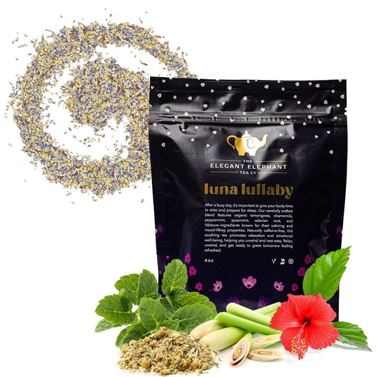 Luna Lullaby Organic Herbal Loose Leaf Tea – Chamomile, Valerian Root, Peppermint – 4 oz Resealable Bag (Makes 50 Cups) – The Elegant Elephant