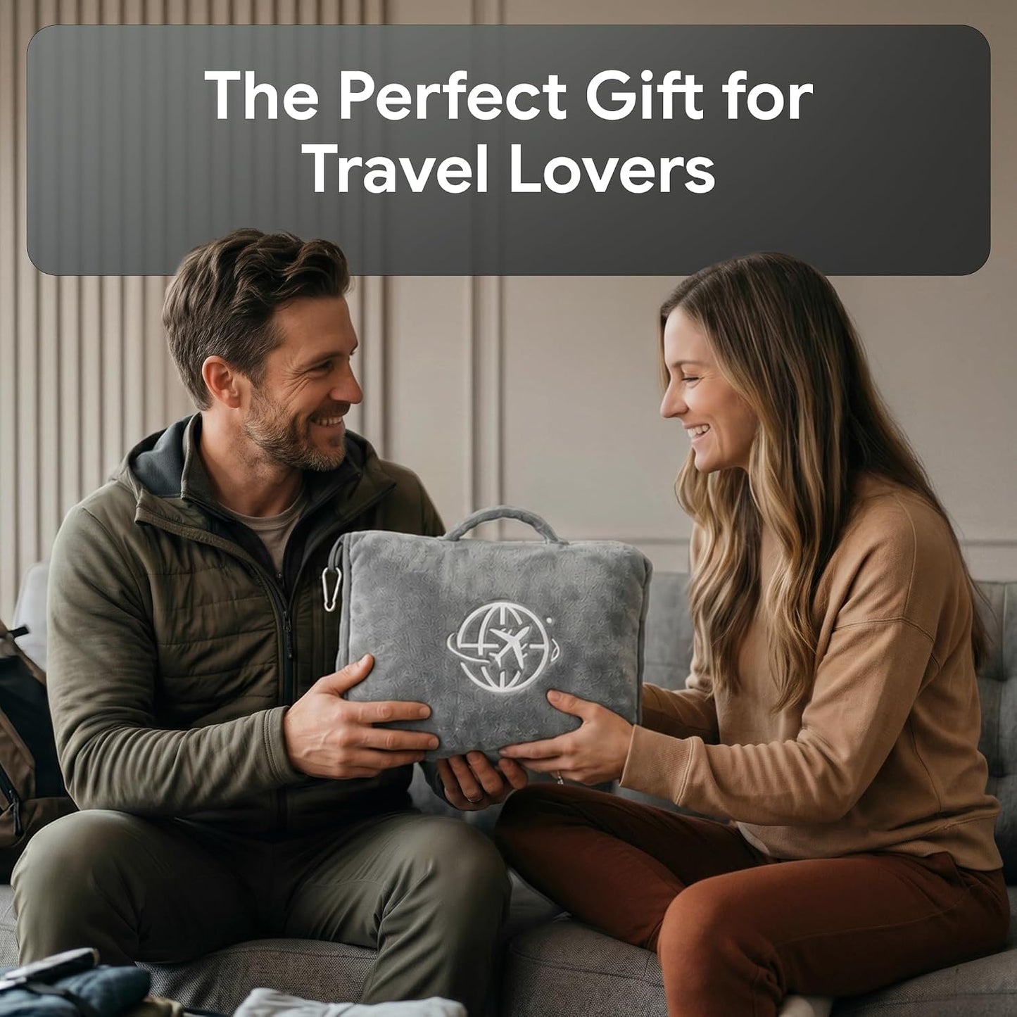 2-in-1 Travel Blanket and Pillow – Lightweight, Compact, Ultra Soft, Machine Washable – Handle, Luggage Sleeve, Backpack Clip – for Travel Airplane, Car, Office (Gray)