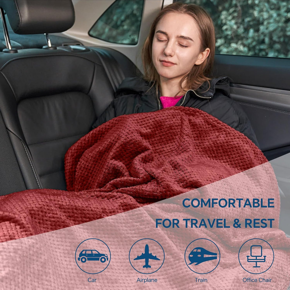 BEDELITE Travel Blanket with Bag, Jacquard Fleece Blanket 65"x40", Blue