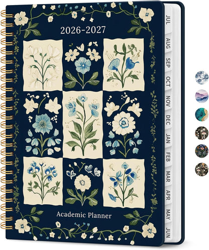 Planner 2026-2027, Academic Monthly and Weekly Calendar Planner for Women, July 2026 - June 2027, Hardcover Pretty Agenda Planner Book with Tabs, Spiral Daily Organizer for School Office Home Supplies, 6.3" x 8.5" - Blue Floral