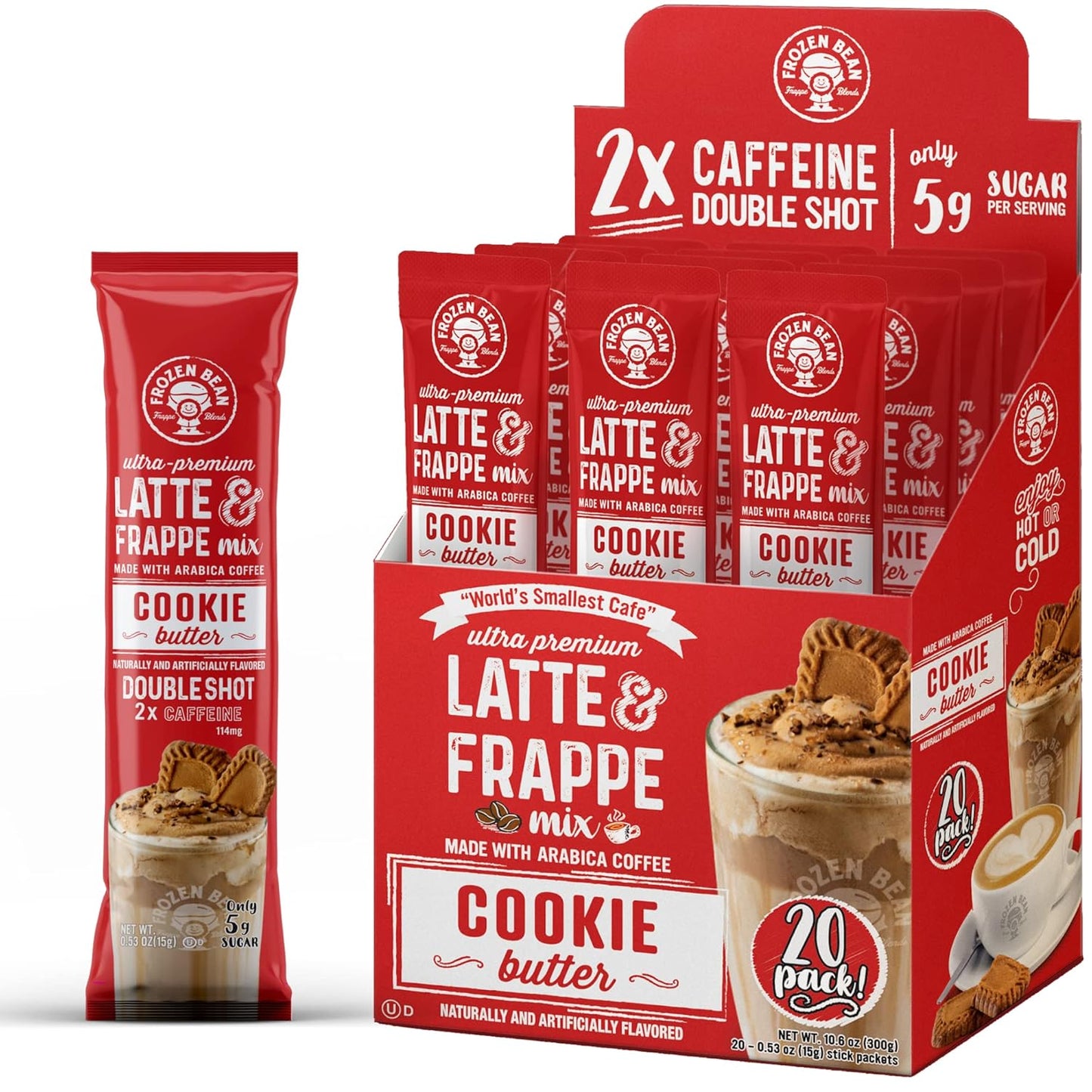The Frozen Bean Vanilla Bean Frappe & Latte Instant Mix (10 Sticks), Made with Arabica Coffee, Double Shot Caffeine, Low Sugar & Premium Ingredients, Hot, Iced, or Blended Drinks