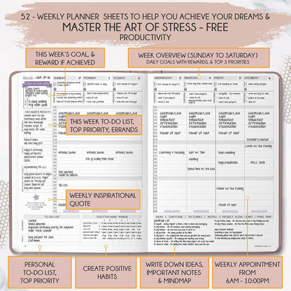 Life Planner - Undated Weekly & Monthly Planner, 12-Month Journey to Increase Productivity | Gratitude Journal, Life Organizer & Goal Journal | Include Foldable Vision Board, Habit Tracker & Stickers