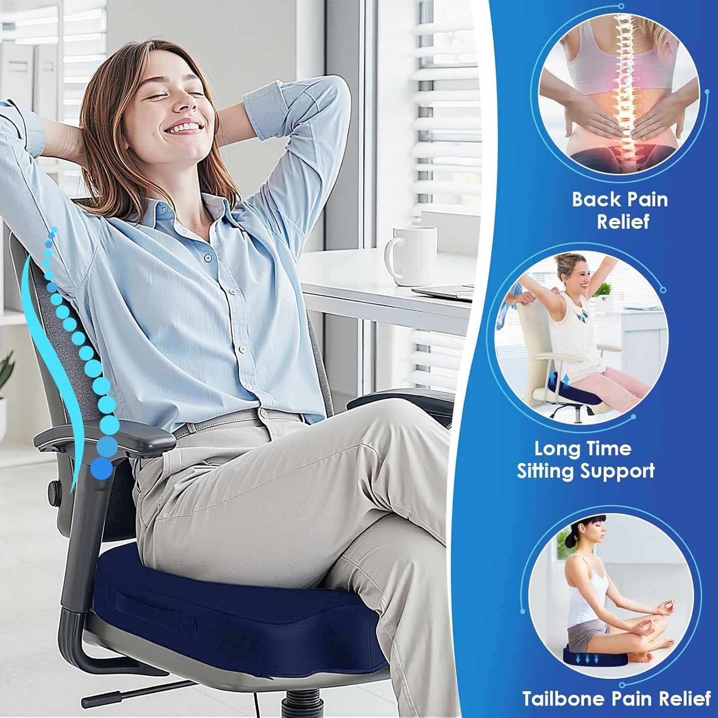 TushGuard Seat Cushion for Office Chair Memory Foam Non-Slip Desk Seat Cushion Back, Coccyx, Sciatica, Tailbone Pain Relief Butt Pillow for Office Chair, Car, Wheelchair, Black