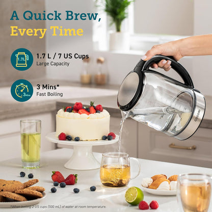 Cosori Electric Kettle, No Plastic Contact With Water, Wide Mouth For Easy Cleaning, Auto Shut Off, 1.7L Tea Kettle & Hot Water Boiler, Water Heater & Teapot, Borosilicate Glass, Black, 1500W