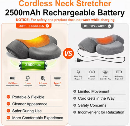 Upalled Cordless Heated Neck Massager Pillow for Pain Relief Deep Tissue, 3-in-1 Rechargeable Neck Cervical Traction Device with Heat, Massage, Electric Stretch, Ergonomic Shoulder Relaxer,Grey