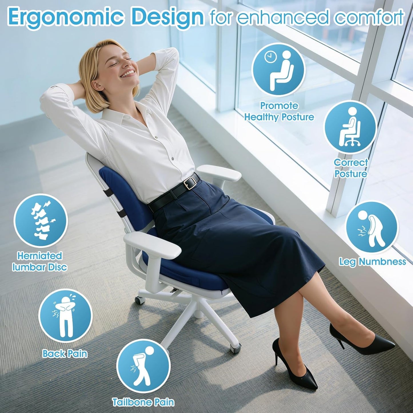 CushZone Ergonomic Seat Cushion & Lumbar Support Pillow - Memory Foam for Sciatica Pain Relief & Posture Correction, Non-Slip Chair Cushions for Office Chair/Car/Wheelchair/Travel (Black)