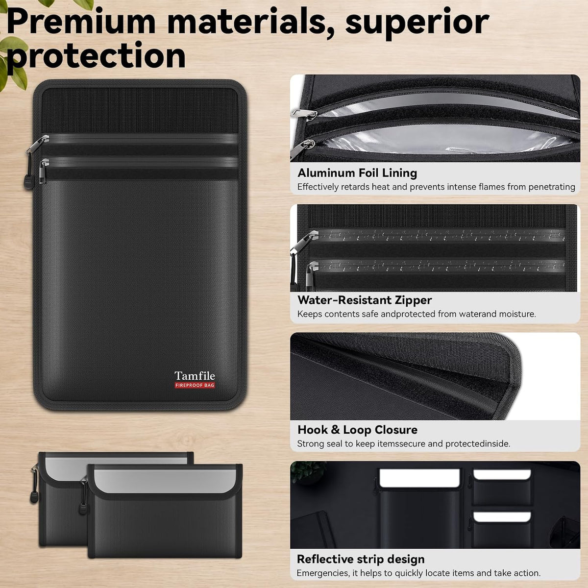Tamfile Fireproof Document Bag with 2 Pack Fireproof Organizer Travel Bag