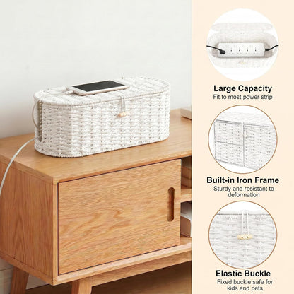 Set of 2 Cable Management Box, Handwoven Cord Hider Box with 3 Open Slots