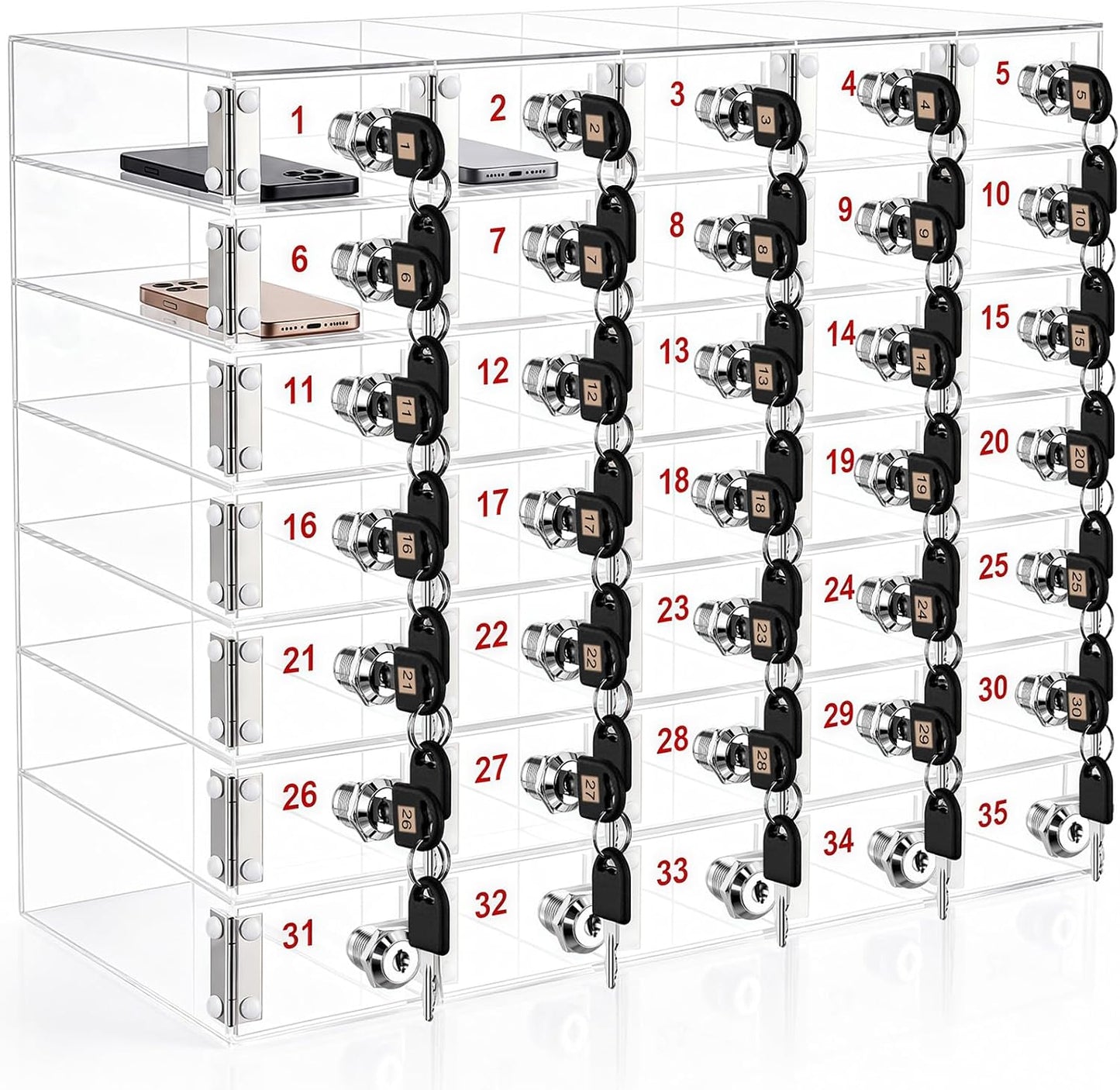 Layhit 20 Slots Cell Phone Locker Box for Classroom Clear Acrylic Cell Phone Storage Cabinet Bin with Door Locks for Classroom School Students Office Factory Employees