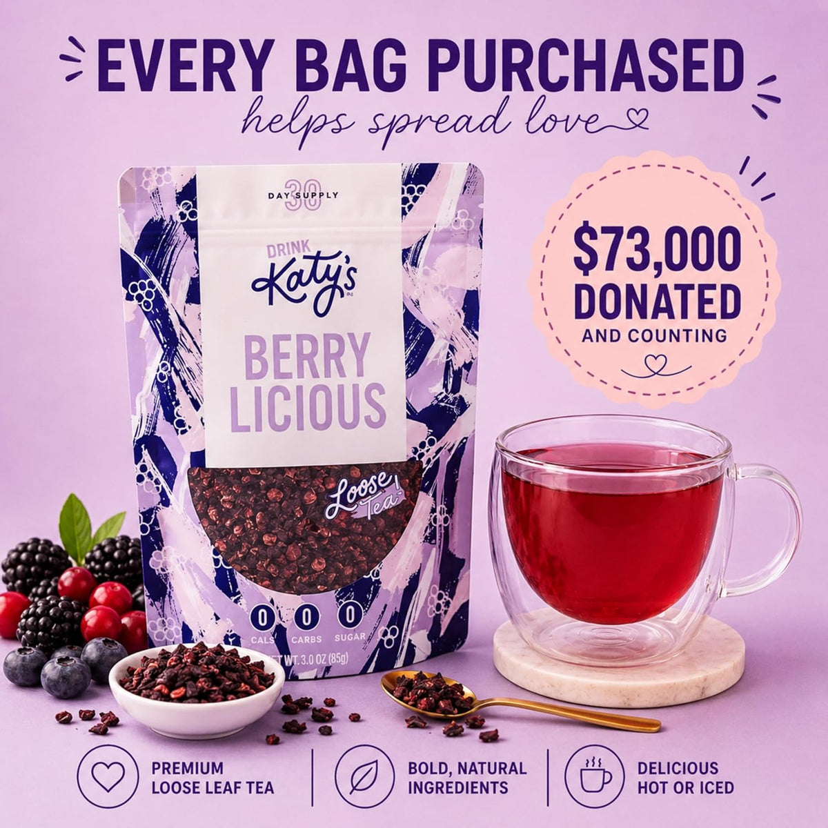 Katy’s Berry Loose Leaf Tea - Hibiscus, Blueberry & Cranberry - Fruity Herbal Tea, Caffeine-Free, Sugar-Free - Hot or Iced Tea - 30+ Cups