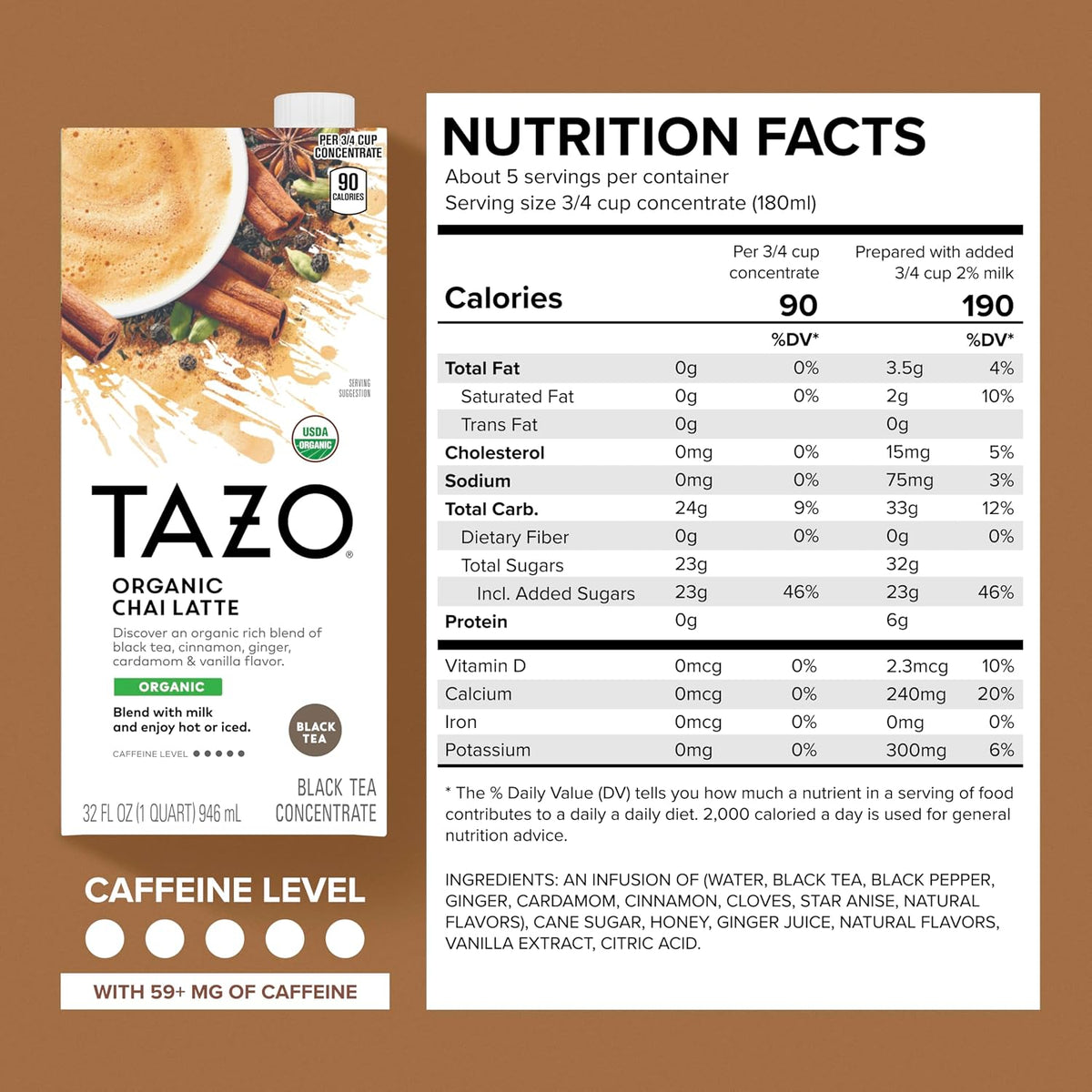 TAZO Organic Chai Latte Concentrate 32 oz Carton 2-Pack USDA Organic Black Tea with Cinnamon Cardamom Ginger and Black Pepper Spices for Hot or Iced Chai Tea Lattes