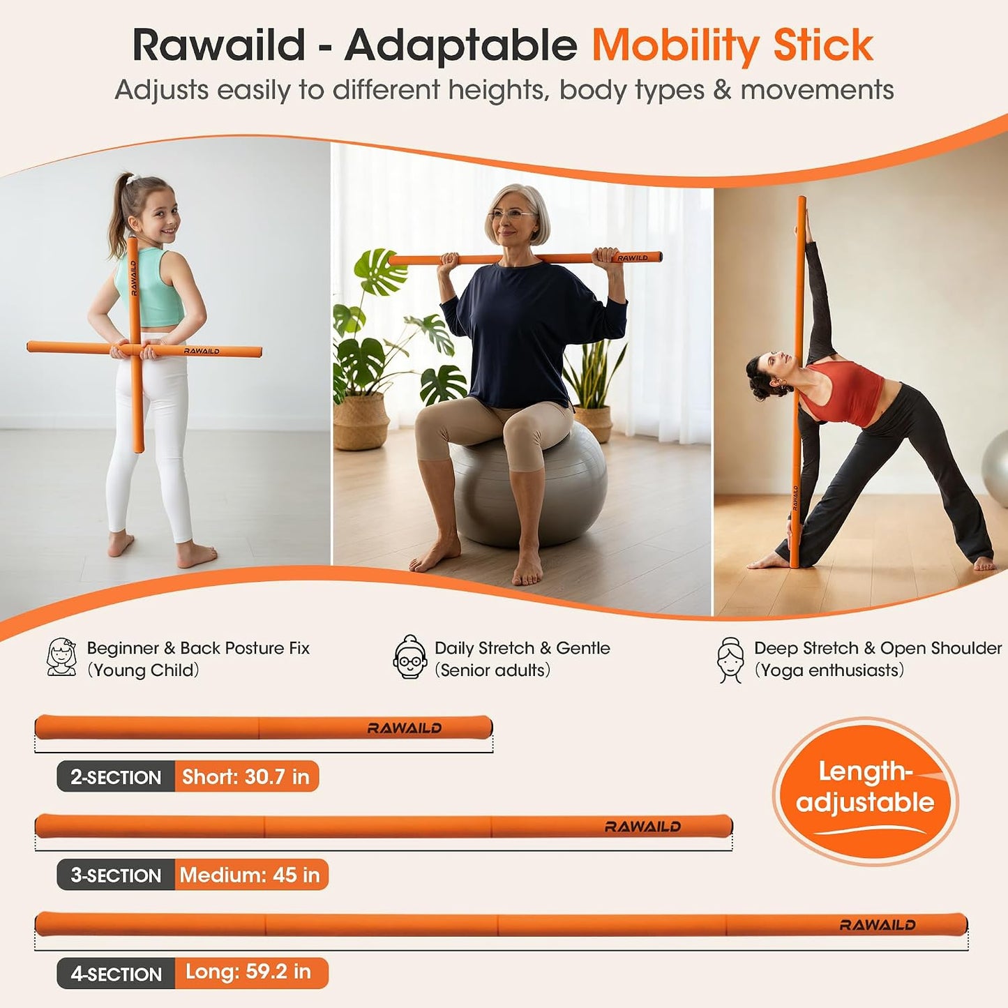 Yoga Stick, Upgraded 5ft Sturdy Steel Mobility Stick, Adjustable Exercise Equipment for Stretching, Flexibility & Balance, Physical Therapy & Posture Correction, Shoulder & Back Relaxation