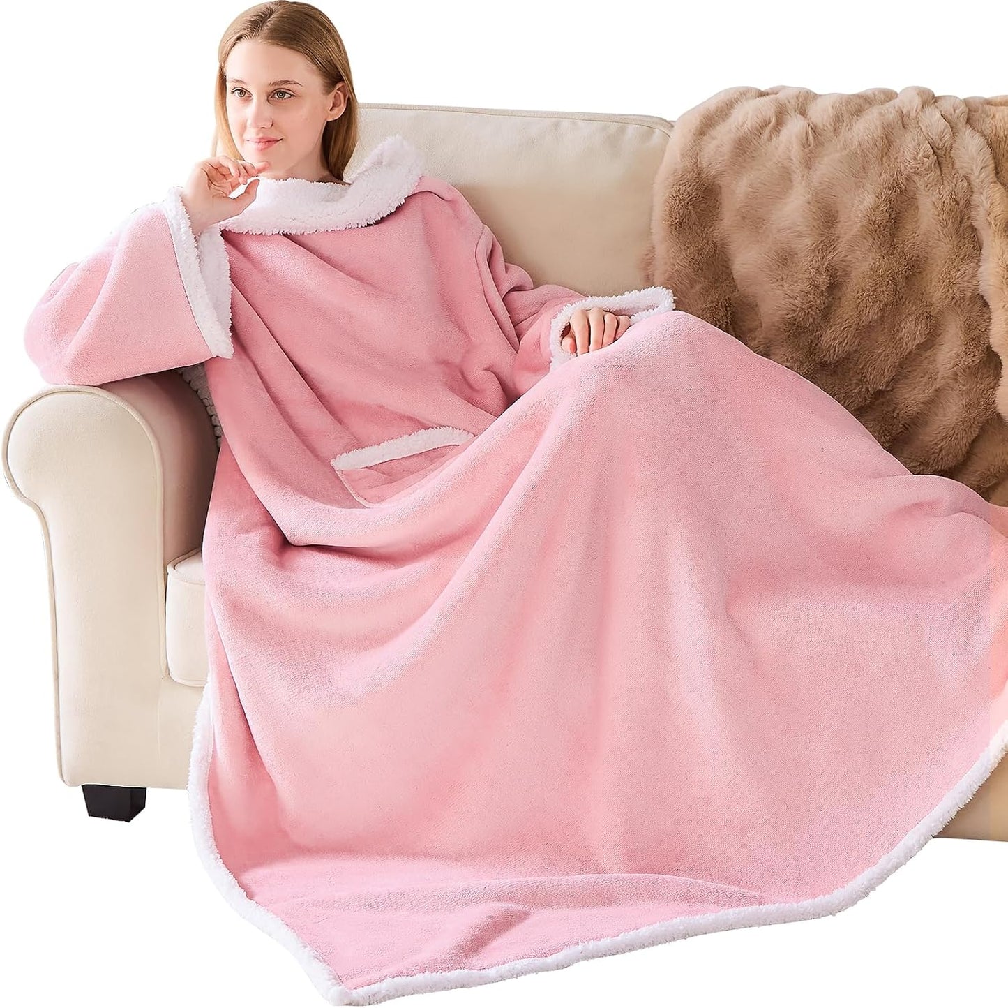 IFNOW Sherpa Wearable Blanket with Sleeves for Women Men Adults, Christmas Birthday Gifts for Women Mom Wife, Cozy Wearable Blanket with Arm and Pocket, Warm Full Body TV Wrap Throw Blanket, Grey