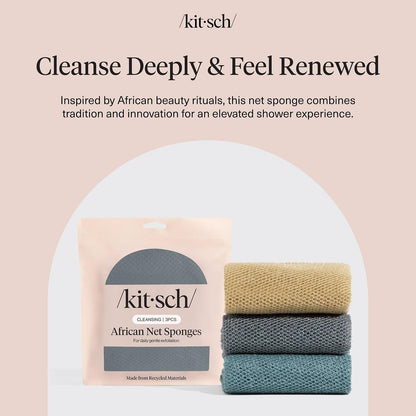 Kitsch African Net Sponge – Exfoliating Body Scrubber for Cleansing & Gentle Daily Exfoliation – Stretchable Bath Sponge for Hard-to-Reach Areas, Long-Lasting Shower Essential - Aqua Grey, 3 Pcs