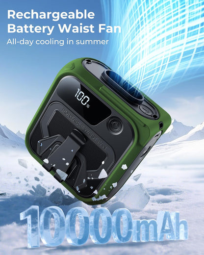 Portable Waist Fan, 10000mAh Rechargeable Belt Fan, Clip-On Waist Fans with 5 Adjustable Speeds, Up to 40H Battery Life, LED Display & Flashlight, for construction workers, Outdoor, Camping-Orange