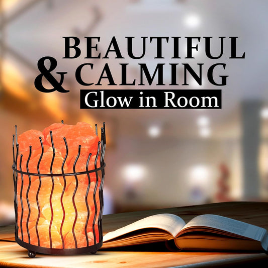 Natural Himalayan Salt , Tall Round Metal Basket lamp with Dimmer Switch | 8-10 lbs