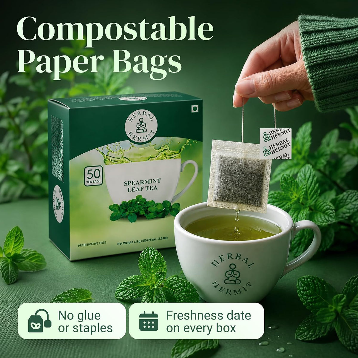 Spearmint Tea Bags - 50 Tea Bags - Pure Spearmint Leaves - Caffeine Free Herbal Tea - Natural Digestive Support & Breath Freshener - Non-GMO