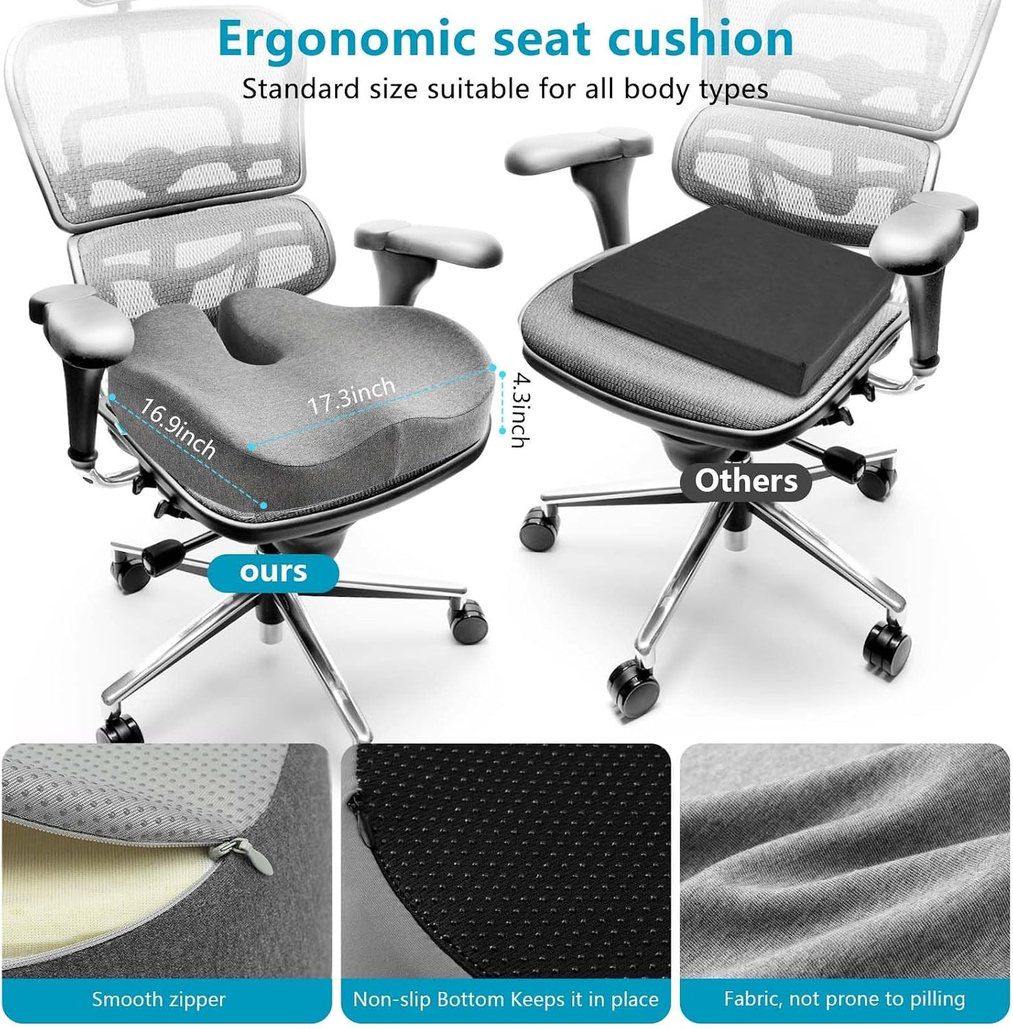 Seat Cushions for Office Chairs & Hip Pain Relief, Extra-Dense Coccyx Cushion with Sciatica Support, Ergonomic Design for Desk Chair, Car, Wheelchair, All-Day Comfort (Black)