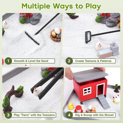 Chicken Zen Garden for Desk - 20Pcs Desk Zen Garden Kit with Coop, Sand, Hen Figurines & Rakes for Office Decor, Meditation and Stress Relief, White Elephant Gifts for Chicken Lovers