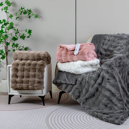 Heated Blanket Electric Throw- 50"x60" Soft Thick Bubble Electric Blanket for Sofa with 5 Heat Levels & 4 Hours Auto-Off Overheat Protection, Warm Cozy Gifts, Light Grey