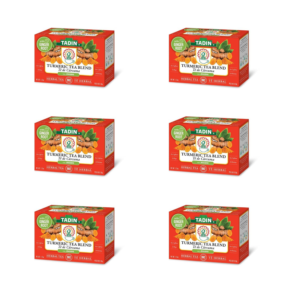 Tadin Turmeric Tea Blend, Herbal Tea, Caffeine Free Tea, Decaf Tea, Tea Packets for Hot Tea, 24 Tea Bags Per Box, Pack of 6