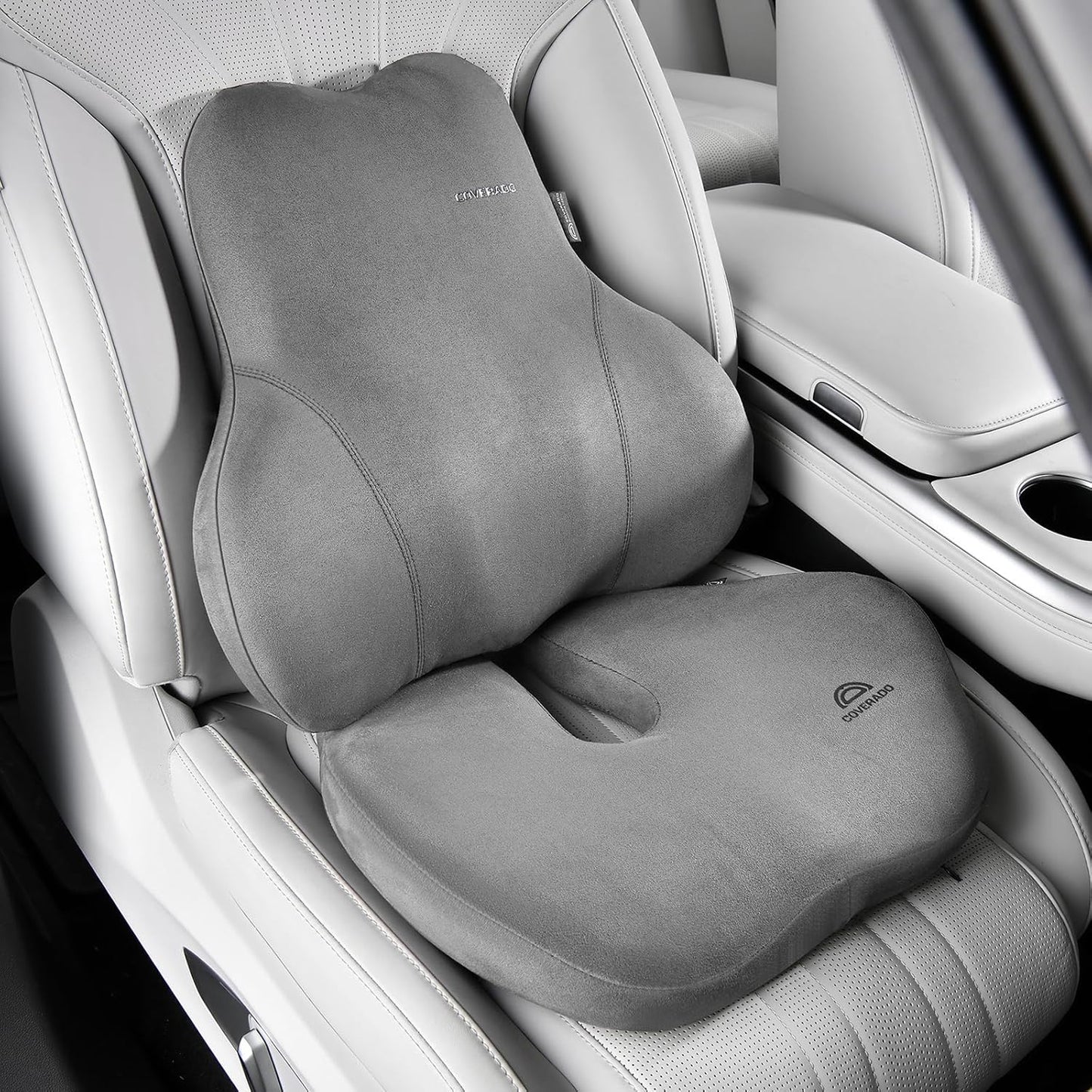 Coverado Car Lumbar Support Pillow and Car Neck Pillow Kit, Ergonomic Design Car Headrest Pillow for Driving, Relax Back Head Muscles Relieve Driving Fatigue, Breathable & Removable Cover, Gray