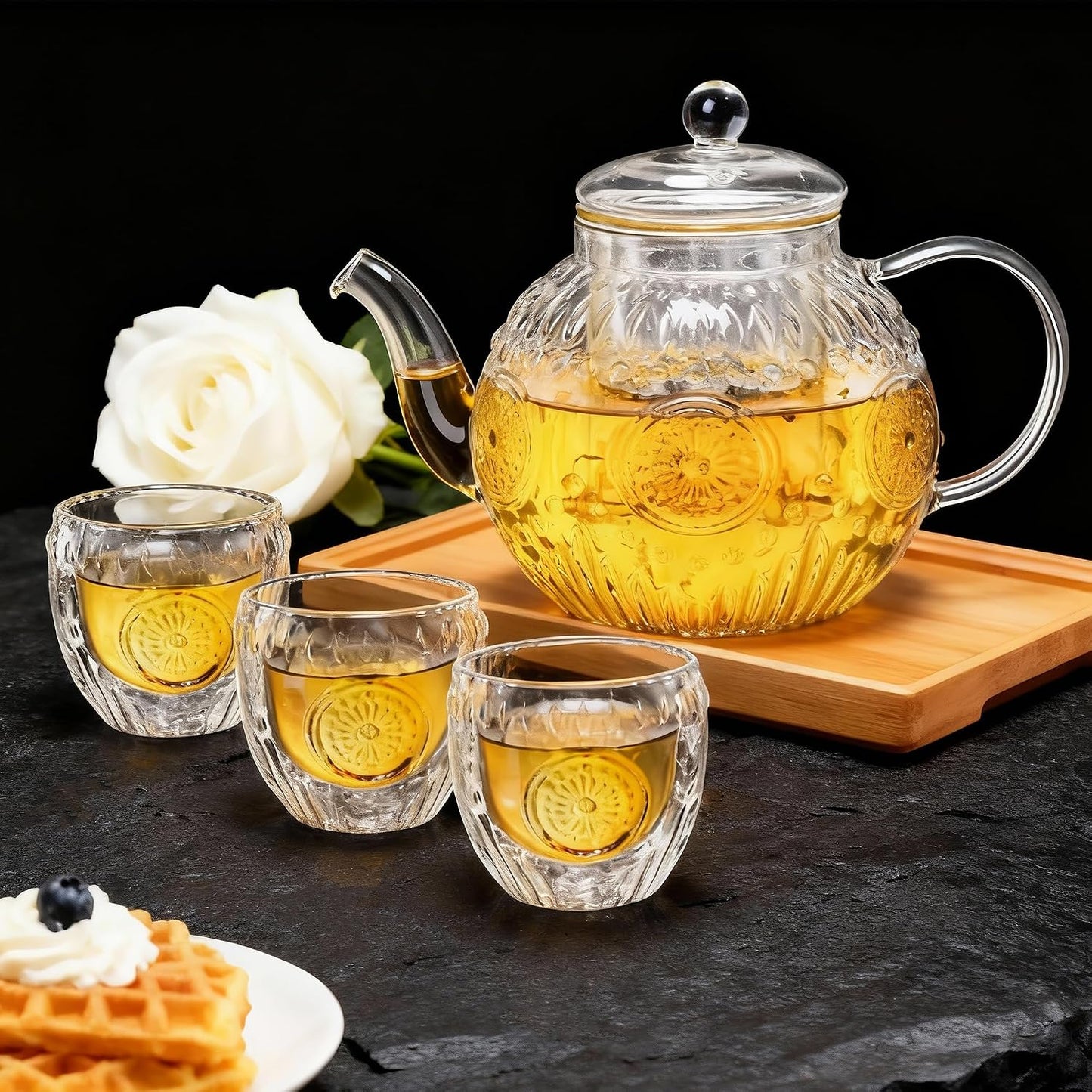 Bandesun Vintage Glass Teapot, Tea Kettle with Removable Infuser 32OZ/1000ml, Borosilicate Glass Pot -Stovetop Safe, Blooming & Loose Leaf Tea Maker Set