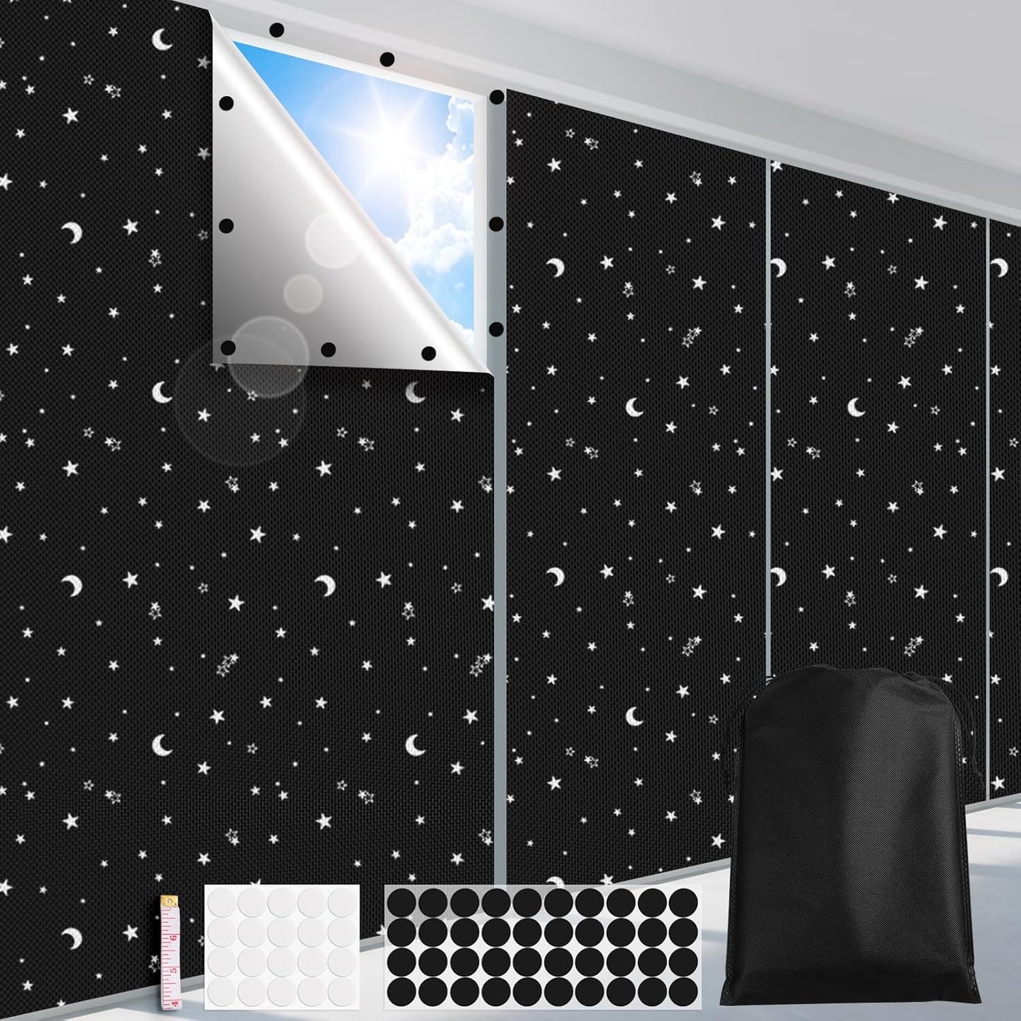 FADOTY Blackout Curtains for Bedroom, Portable 100% Black Out Window Cover Film, Cuttable Blackout Shades Fabric Sheet, No Drill Window Blinds, Sun Heat Light Blocker for Travel Media Dorm, 57'' W
