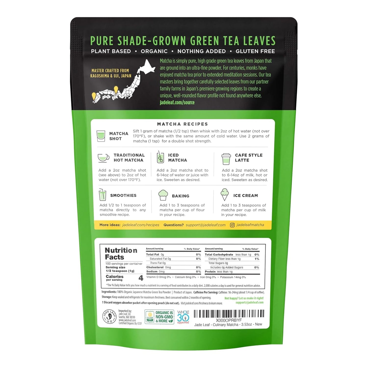 Jade Leaf Matcha Powder, Organic Culinary Grade, 30g / 1.06oz