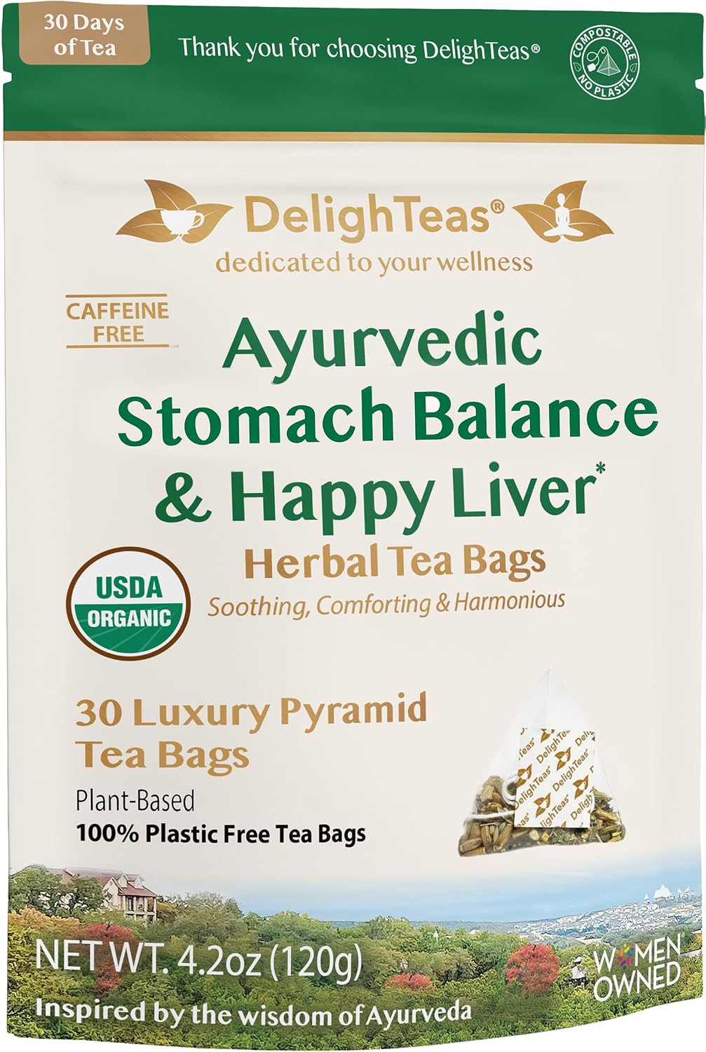 DelighTeas Ayurvedic Herbal Stomach & Liver Tea Bags | Eco-Friendly, Compostable Pyramids | Organic Milk Thistle, Fennel, Ginger, Peppermint & Licorice | Caffeine-Free, Kosher | 30 Tea Bags 4g Each