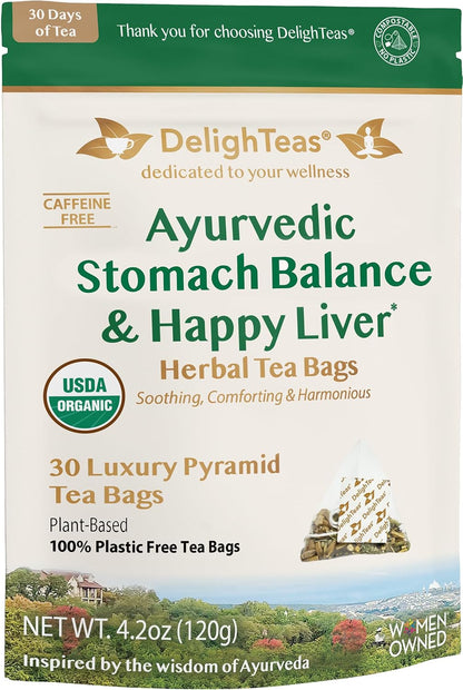 DelighTeas Ayurvedic Herbal Stomach & Liver Tea Bags | Eco-Friendly, Compostable Pyramids | Organic Milk Thistle, Fennel, Ginger, Peppermint & Licorice | Caffeine-Free, Kosher | 30 Tea Bags 4g Each