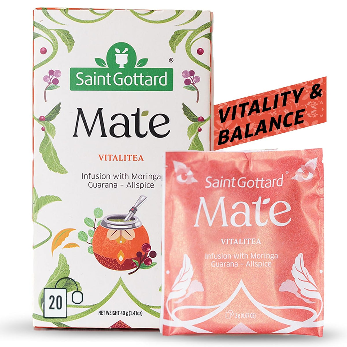 Saint Gottard Mate Herbal Tea – Vitalitea Blend with Moringa, Guarana & Allspice – Natural Energy & Focus Support Tea – Organic Premium Botanical Infusion – 40 Tea Bags