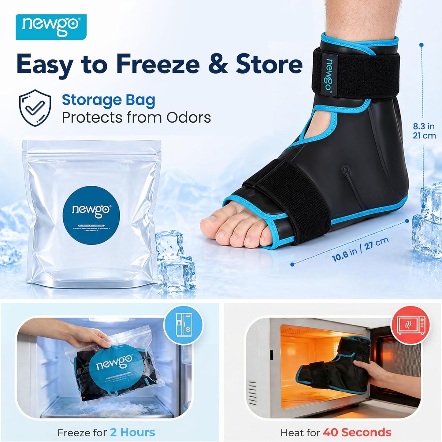 NEWGO Foot Ice Pack Wrap for Plantar Fasciitis Relief, 360° Full Coverage Reusable Gel Ice Boot for Heel & Ankle Pain, Cold Compression for Swelling, Achilles Tendonitis & Ankle Sprain- Black