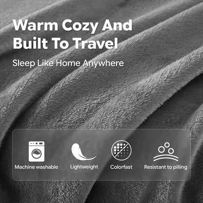 Travel Blanket, Soft 2-in-1 Airplane Blanket, 65x40 Inches, Travel Blanket Airplane Compact with Bag, Car Blanket with Luggage Sleeve & Backpack Clip (Light Grey)