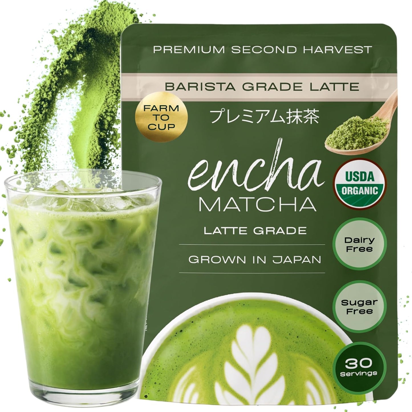 Encha Matcha - Latte Grade Matcha Powder - Unsweetened, First Harvest, Organic Green Tea Powder From Uji, Japan (60g / 2.12 Ounce) Premium for Latte, Smoothie - Caffeine, L-Theanine