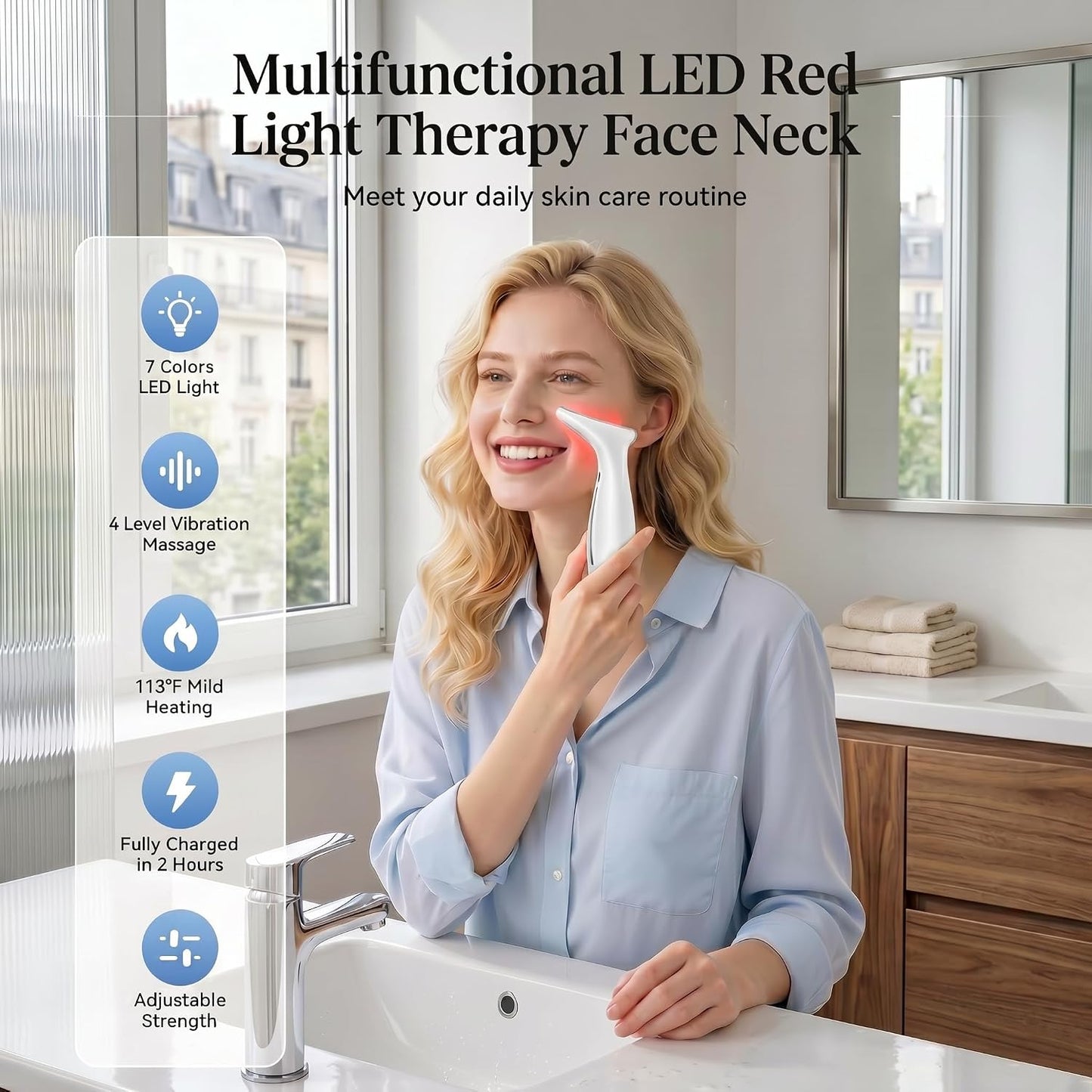 7-Color LED Red Light Therapy Face & Neck Massager - Anti-Aging Facial Sculptor with Heat, Vibration, Lifting, Firming, Timer for Visible Skin Tightening, Rechargeable At-Home Beauty Device