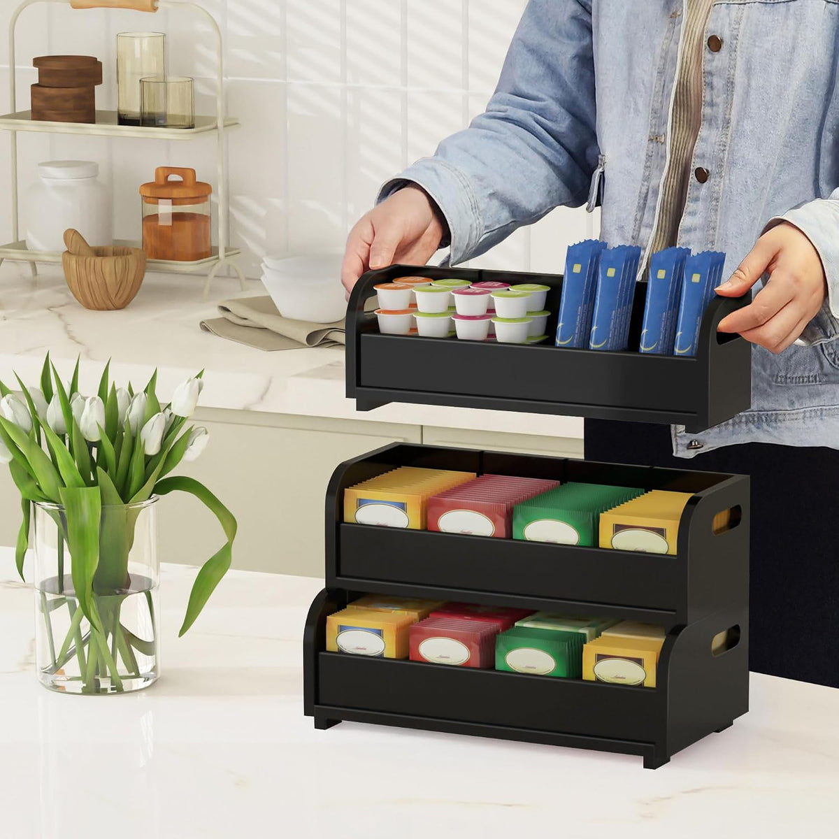 3-Tier Bamboo Tea Bag Organizer, Stackable Tea Holder for Countertop, Black